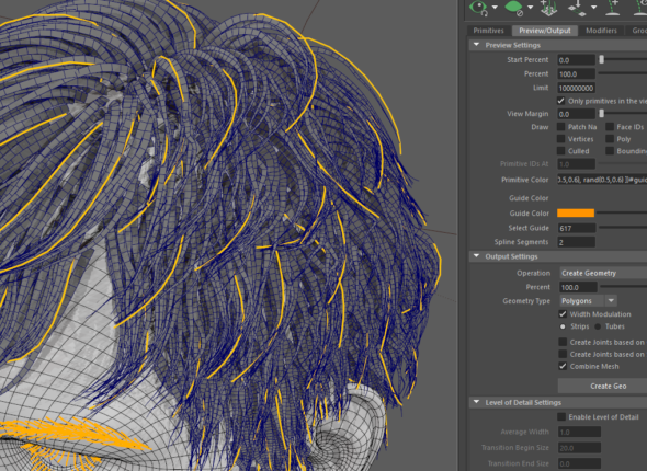 Screenshot of Maya's XGen Interactive Grooming System interface showing hair guides and styling tools.