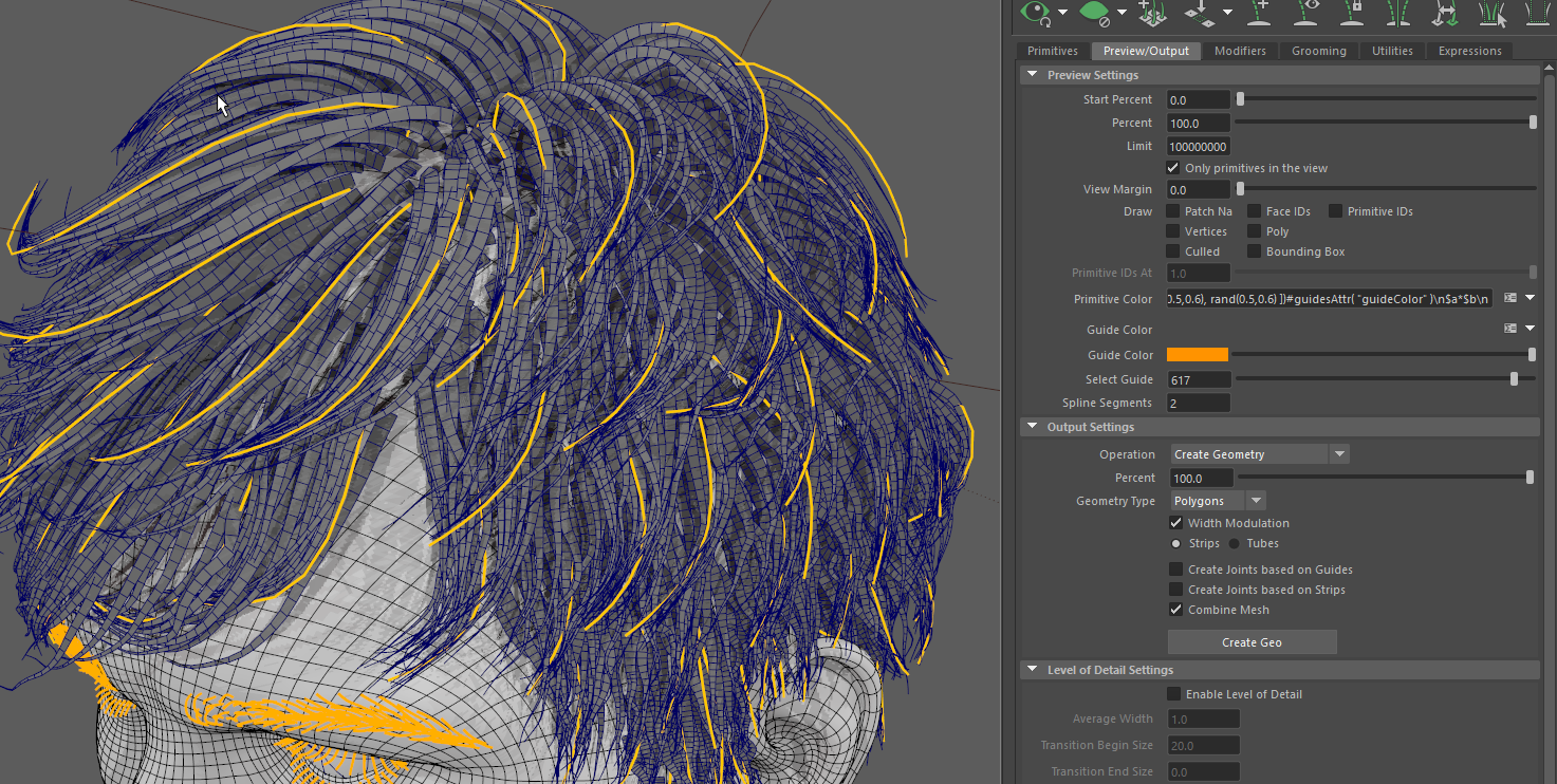 Screenshot of Maya's XGen Interactive Grooming System interface showing hair guides and styling tools.